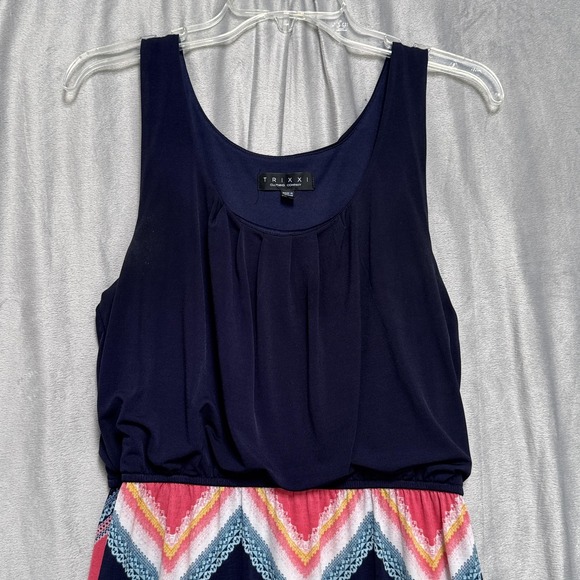 Trixxi Dress Womens Large Navy Pink Chevron Sleeveless Scoop Neck Elastic Waist - Picture 2 of 6